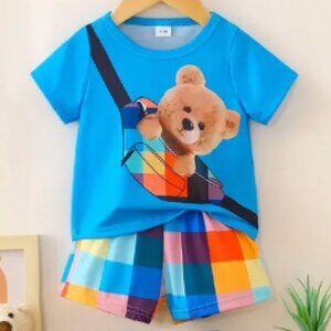 2pcs Kids Graphic Bear Printed Design Multicolor Set Tee and Shorts